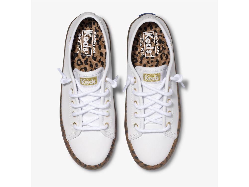 Keds Kickstart Leopard Foxing Sneaker Tytön Nahkakengät Valkoinen | FI-32570