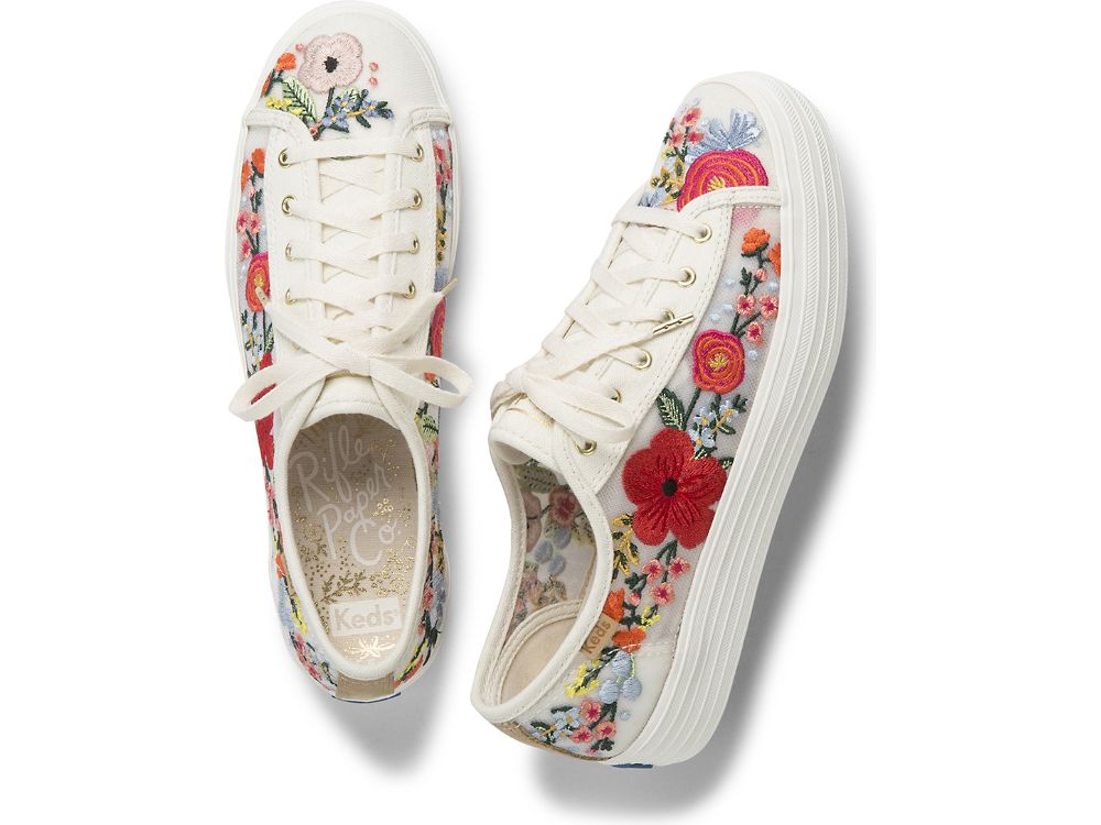 Keds Rifle Paper Co. Triple Kick Embroidered Mesh Naisten Alustan Kengät Valkoinen Monivärinen | FI-06218