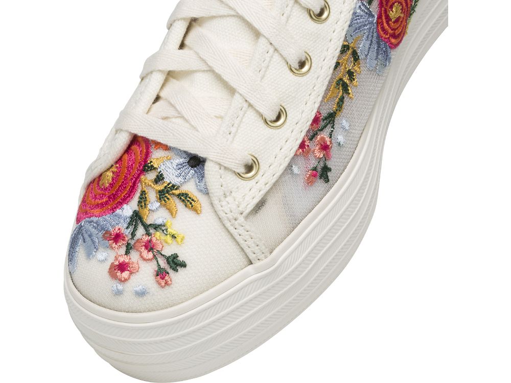 Keds Rifle Paper Co. Triple Kick Embroidered Mesh Naisten Alustan Kengät Valkoinen Monivärinen | FI-06218