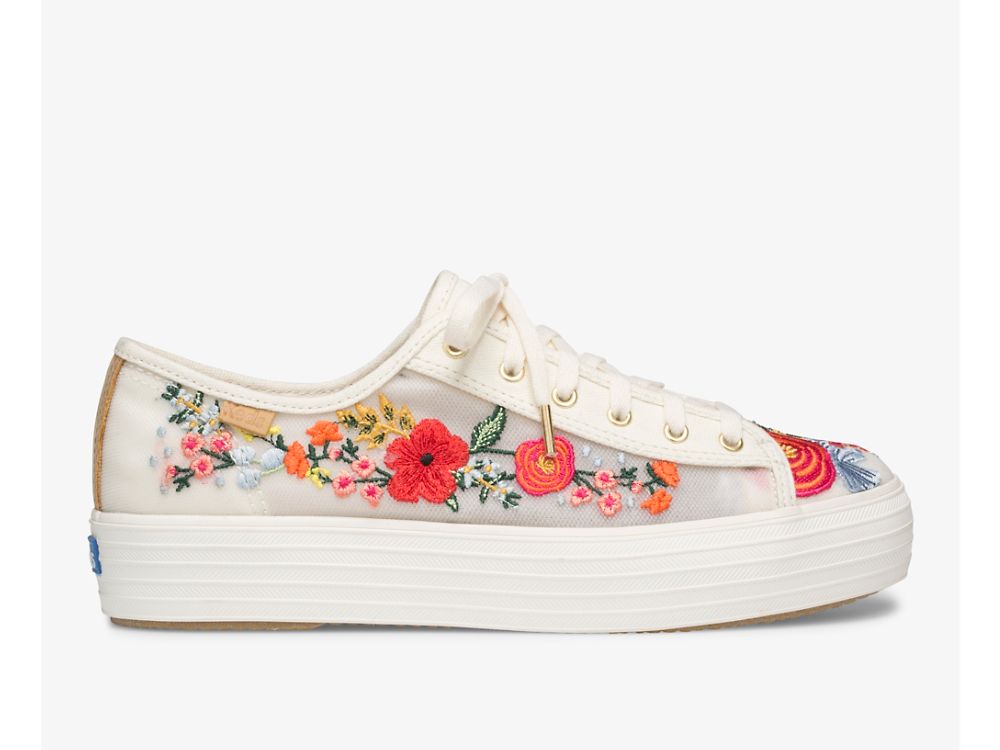 Keds Rifle Paper Co. Triple Kick Embroidered Mesh Naisten Alustan Kengät Valkoinen Monivärinen | FI-06218